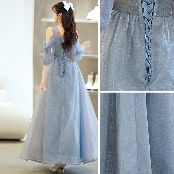 Charmant Bleu Ciel Perlage Glitter Paillettes Robe De Bal 2022 Princesse Encolure Dégagée Manches Courtes Dos Nu Longue Robe De Ceremonie