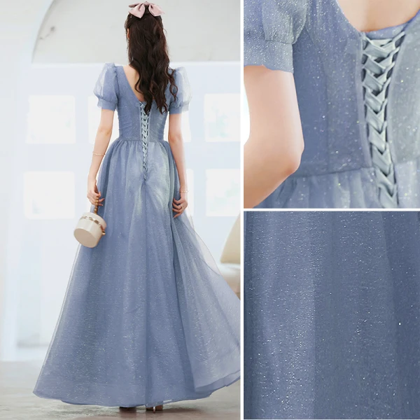 Chic / Beautiful Sky Blue Glitter Prom Dresses 2022 A-Line / Princess V-Neck Beading Sequins Short Sleeve Backless Floor-Length / Long Formal Dresses