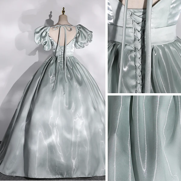 Classy Sage Green Satin Prom Dresses 2022 Ball Gown Square Neckline Puffy Short Sleeve Backless Bow Floor-Length / Long Formal Dresses