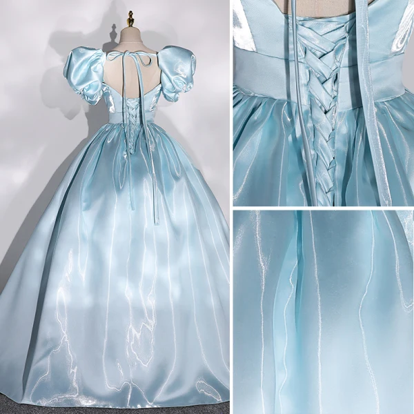 Élégant Bleu Ciel Satin Robe De Bal 2022 Robe Boule Gonflée Encolure Carrée Faux Diamant Ceinture Manches Courtes Dos Nu Longue Robe De Ceremonie