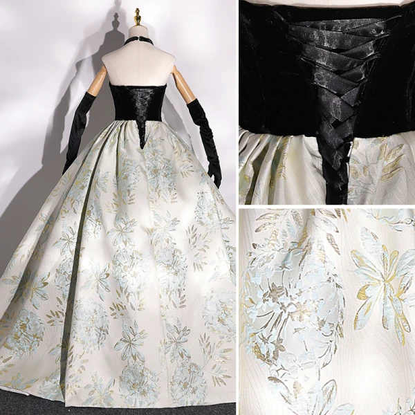Elegante Schwarz Satin Drucken Ballkleider 2022 Ballkleid Rundhalsausschnitt Gold Stoffgürtel Ärmellos Rückenfreies Lange Festliche Kleider