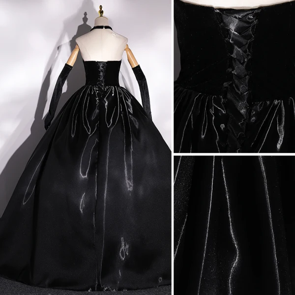 Vintage / Retro Black Satin Suede Prom Dresses 2022 Ball Gown Strapless Sleeveless Backless Floor-Length / Long Formal Dresses