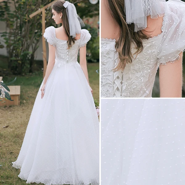 Chic / Beautiful White Lace Flower Wedding Dresses 2022 A-Line / Princess Square Neckline Short Sleeve Backless Floor-Length / Long Wedding