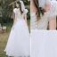Chic / Beautiful White Lace Flower Wedding Dresses 2022 A-Line / Princess Square Neckline Short Sleeve Backless Floor-Length / Long Wedding