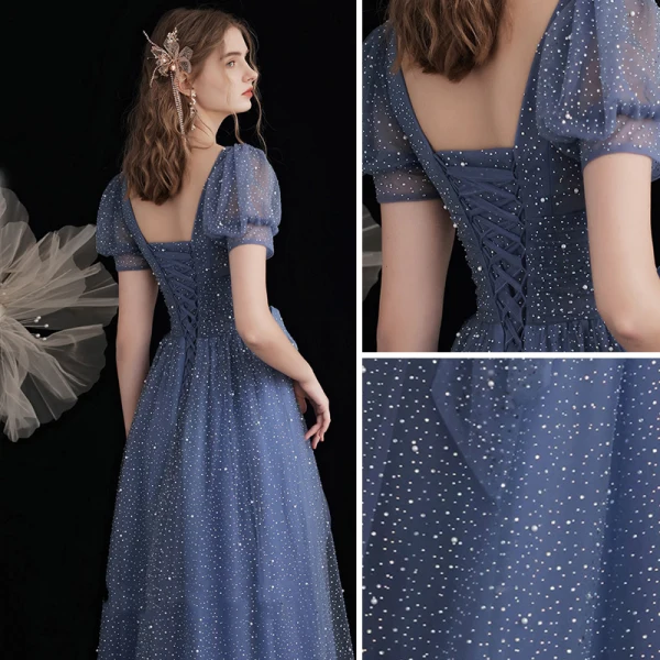Fashion Ocean Blue Glitter Starry Sky Prom Dresses 2021 A-Line / Princess V-Neck Beading Pearl Sequins Short Sleeve Bow Backless Prom
