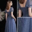 Fashion Ocean Blue Glitter Starry Sky Prom Dresses 2021 A-Line / Princess V-Neck Beading Pearl Sequins Short Sleeve Bow Backless Prom