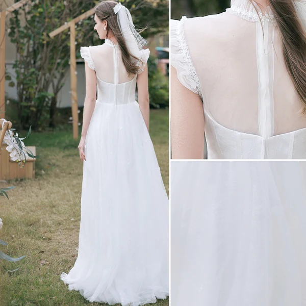 Chic / Beautiful White Lace Flower Wedding Dresses 2022 A-Line / Princess Scoop Neck Sleeveless Floor-Length / Long Wedding