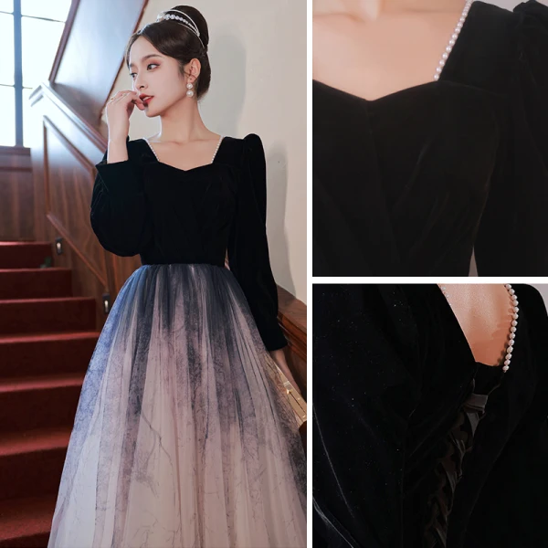 Élégant Noire Daim Robe De Bal 2022 Princesse Perle Encolure Carrée Manches Longues Dos Nu Longue Robe De Ceremonie