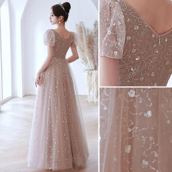 Mode Rougissant Rose Paillettes Robe De Bal 2022 Princesse Encolure Carrée Manches Courtes Dos Nu Longue Robe De Ceremonie