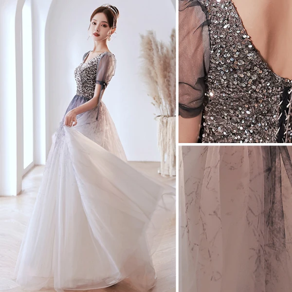 Charmant Océan Bleu Dégradé De Couleur Robe De Bal 2022 Princesse V-Cou Paillettes Noeud Manches Courtes Dos Nu Longue Robe De Ceremonie