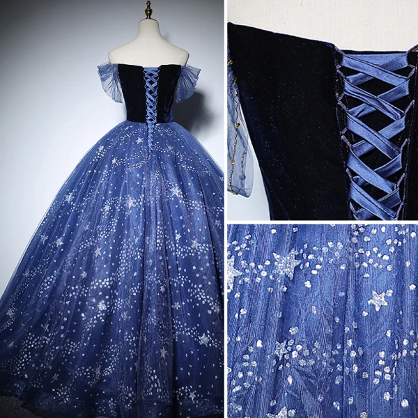 Chic / Beautiful Navy Blue Prom Dresses 2022 Ball Gown Off-The-Shoulder Beading Star Sequins Short Sleeve Backless Floor-Length / Long Formal Dresses