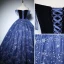 Chic / Beautiful Navy Blue Prom Dresses 2022 Ball Gown Off-The-Shoulder Beading Star Sequins Short Sleeve Backless Floor-Length / Long Formal Dresses