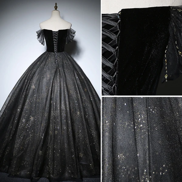 Elegant Black Prom Dresses 2022 Ball Gown Off-The-Shoulder Short Sleeve Backless Beading Sequins Floor-Length / Long Formal Dresses