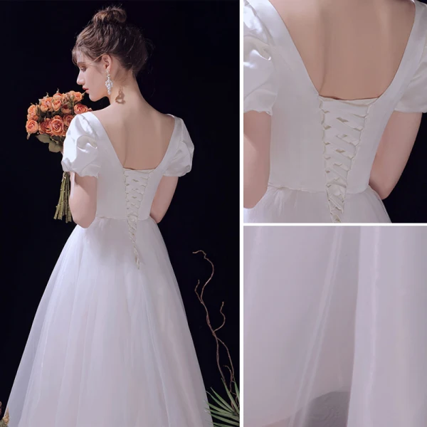Modest / Simple Ivory Wedding Dresses 2021 A-Line / Princess Bow V-Neck Short Sleeve Backless Tea-length Wedding