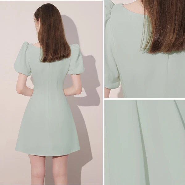 Fashion Sage Green Homecoming Short Graduation Dresses 2021 A-Line / Princess Square Neckline Rhinestone Bow Short Sleeve Formal Dresses