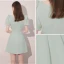Fashion Sage Green Homecoming Short Graduation Dresses 2021 A-Line / Princess Square Neckline Rhinestone Bow Short Sleeve Formal Dresses