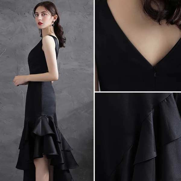 Modern / Fashion Black Ruffle Satin Party Dresses 2021 A-Line / Princess V-Neck Sleeveless Backless Asymmetrical Formal Dresses