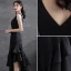 Modern / Fashion Black Ruffle Satin Party Dresses 2021 A-Line / Princess V-Neck Sleeveless Backless Asymmetrical Formal Dresses