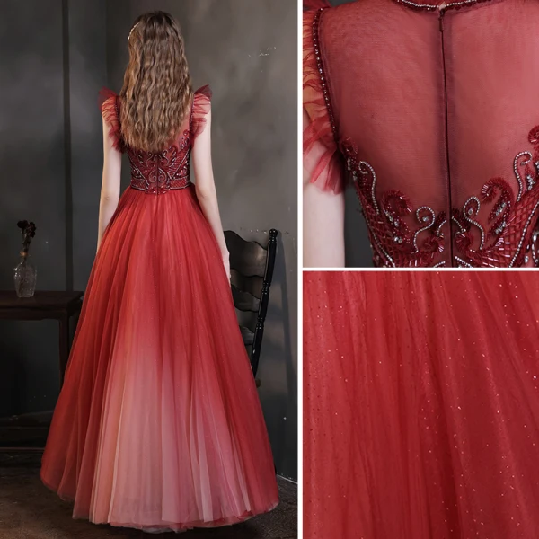 High-end Burgundy Prom Dresses 2021 A-Line / Princess High Neck Handmade Beading Crystal Rhinestone Sleeveless Floor-Length / Long Prom Formal Dresses