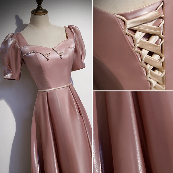 Elegant Dusky Pink Satin Prom Dresses 2021 A-Line / Princess Square Neckline Pearl Sash Short Sleeve Backless Floor-Length / Long Prom Formal Dresses
