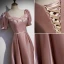 Elegant Dusky Pink Satin Prom Dresses 2021 A-Line / Princess Square Neckline Pearl Sash Short Sleeve Backless Floor-Length / Long Prom Formal Dresses
