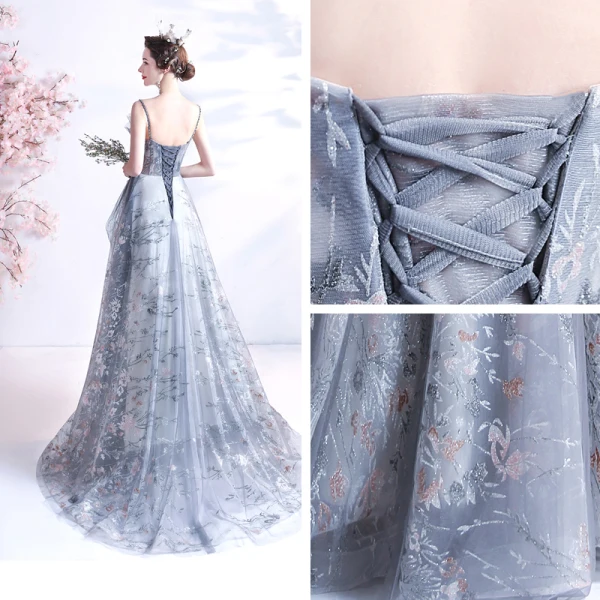 Fashion Grey Pearl Rhinestone Sequins Prom Dresses 2021 A-Line / Princess Ruffle Spaghetti Straps Sleeveless Backless Floor-Length / Long Prom Formal Dresses