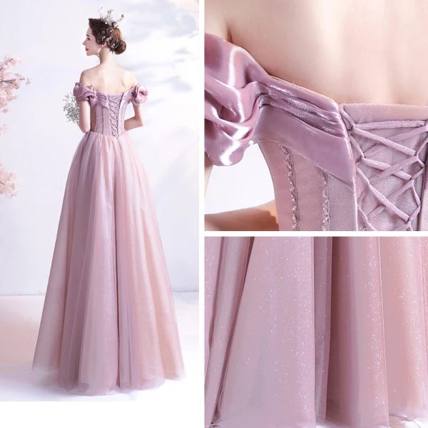 Elegant Dusky Pink Prom Dresses 2021 A-Line / Princess Off-The-Shoulder Glitter Beading Crystal Short Sleeve Backless Floor-Length / Long Prom Formal Dresses