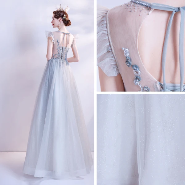 Vintage / Retro Silver Prom Dresses 2021 A-Line / Princess Scoop Neck Bow Beading Pearl Rhinestone Sequins Sleeveless Backless Floor-Length / Long Prom Formal Dresses