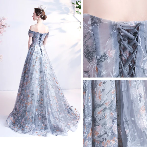 Vintage / Retro Grey Prom Dresses 2021 A-Line / Princess Off-The-Shoulder Beading Crystal Sequins Sleeveless Backless Floor-Length / Long Prom Formal Dresses
