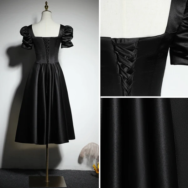 Modest / Simple Black Homecoming Graduation Dresses Little Black Dress 2021 A-Line / Princess Square Neckline Short Sleeve Backless Tea-length Formal Dresses