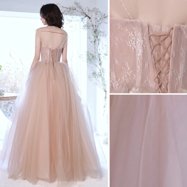 Charming Dusky Pink Prom Dresses 2021 A-Line / Princess Strapless Beading Pearl Sleeveless Backless Floor-Length / Long Prom Formal Dresses