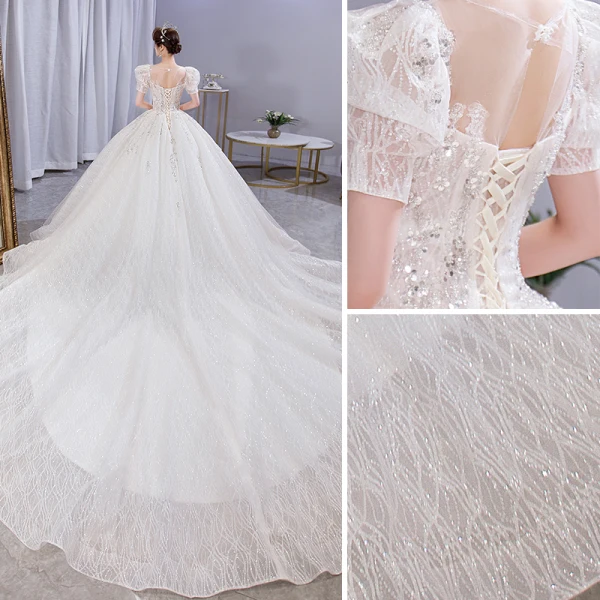 Vintage / Retro Ivory Beading Sequins Lace Flower Wedding Dresses 2021 Ball Gown Scoop Neck Short Sleeve Backless Royal Train Wedding