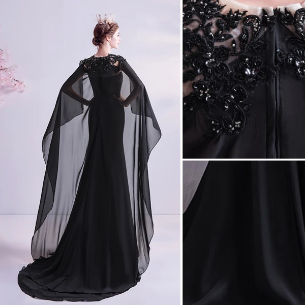 Vintage Schwarz Ballkleider 2021 Meerjungfrau Rundhalsausschnitt Perlenstickerei Spitze Blumen Ärmellos Sweep / Pinsel Zug Ball Festliche Kleider