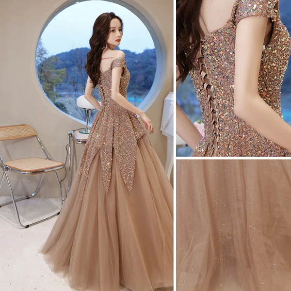 Sparkly Champagne Beading Sequins Prom Dresses 2021 A-Line / Princess Off-The-Shoulder Short Sleeve Backless Floor-Length / Long Formal Dresses