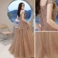 Sparkly Champagne Beading Sequins Prom Dresses 2021 A-Line / Princess Off-The-Shoulder Short Sleeve Backless Floor-Length / Long Formal Dresses