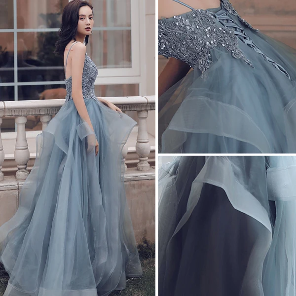 Chic / Belle Bleu Ciel Volants en Cascade Robe De Bal 2021 Princesse Bretelles Spaghetti Perlage En Dentelle Fleur Sans Manches Dos Nu Longue Promo Robe De Ceremonie