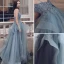 Chic / Belle Bleu Ciel Volants en Cascade Robe De Bal 2021 Princesse Bretelles Spaghetti Perlage En Dentelle Fleur Sans Manches Dos Nu Longue Promo Robe De Ceremonie