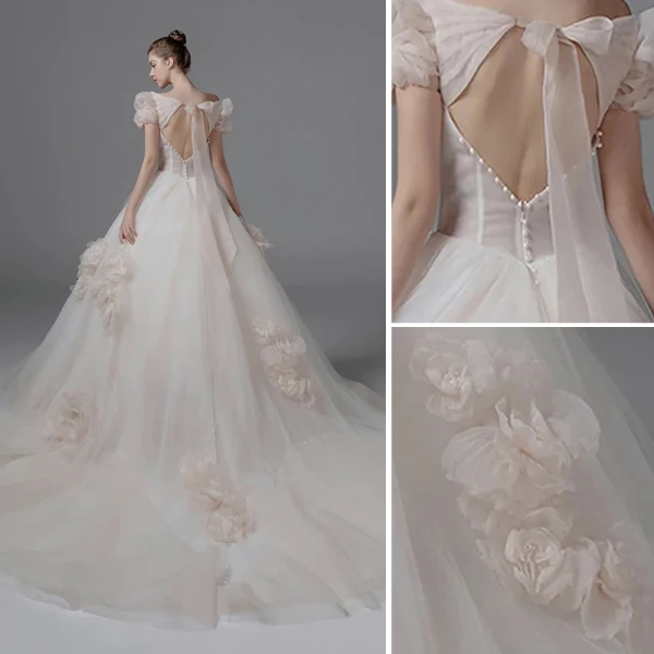 Moderne / Mode Ivoire Perle Robe De Mariée 2021 Robe Boule Encolure Carrée Gonflée Manches Courtes Dos Nu Noeud Royal Train Mariage