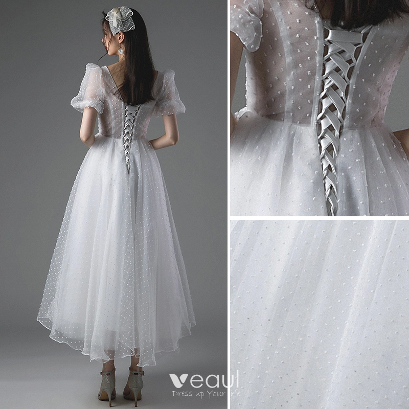 Modest / Simple White Satin Corset Wedding Dresses 2020 Ball Gown  Sweetheart Sleeveless Court Train Ruffle