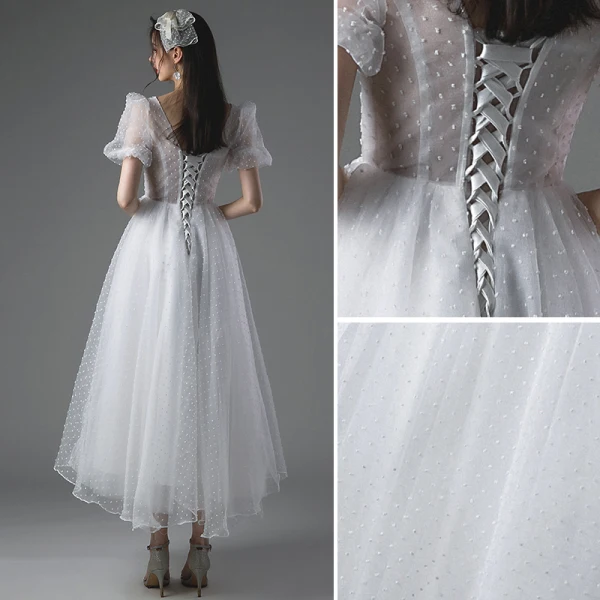 Simple Blanche Courte Robe De Mariée 2021 Princesse Encolure Carrée Manches Courtes Dos Nu Mariage