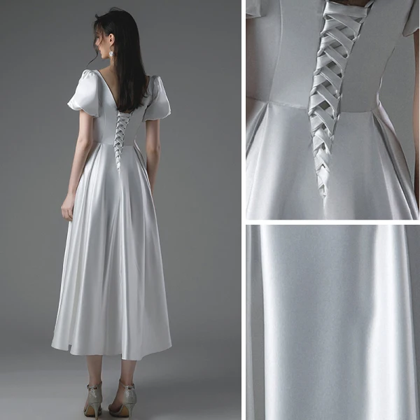 Schlicht Ivory / Creme Satin Brautkleider / Hochzeitskleider 2021 A Linie Eckiger Ausschnitt Kurze Ärmel Schleife Rückenfreies Wadenlang Hochzeit