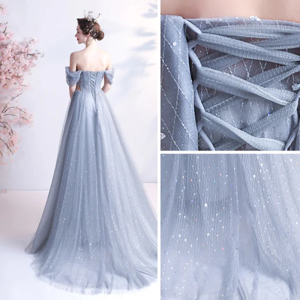Chic / Belle Gris Robe De Bal 2021 Princesse Encolure Carrée Manches Courtes Dos Nu Perlage Perle En Dentelle Fleur Longue Promo Robe De Ceremonie