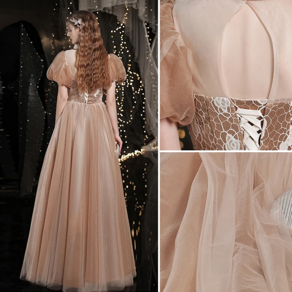 Vintage / Retro Gold Prom Dresses 2021 A-Line / Princess High Neck Beading Appliques Lace Flower Short Sleeve Backless Floor-Length / Long Prom Formal Dresses