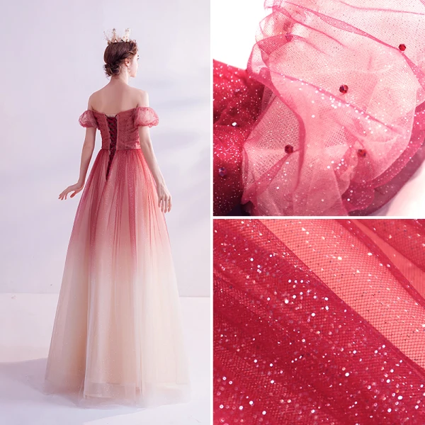 Chic / Belle Bordeaux Cristal Paillettes Robe De Bal 2021 Princesse De l'épaule Manches Courtes Dos Nu Longue Promo Robe De Ceremonie