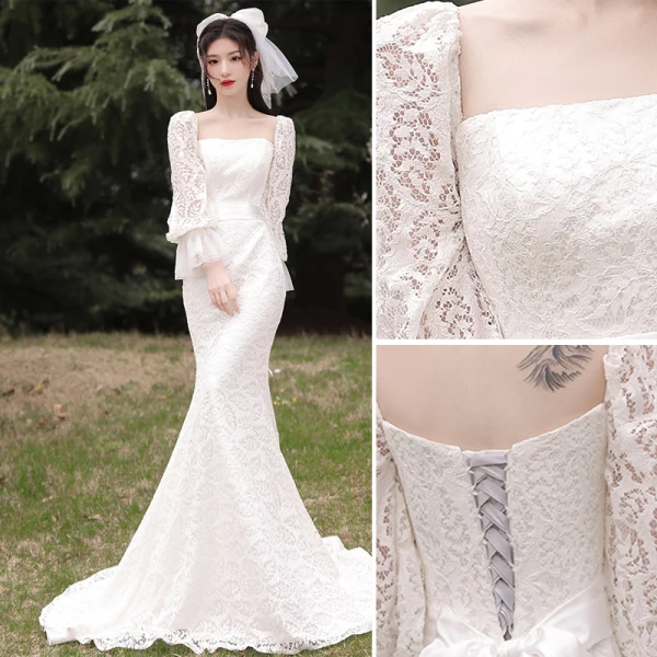 Charmant Ivory / Creme Spitze Blumen Brautkleider / Hochzeitskleider 2021 Meerjungfrau Eckiger Ausschnitt Schleife Glockenhülsen Rückenfreies Sweep / Pinsel Zug Hochzeit