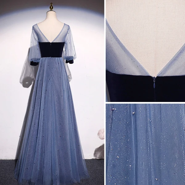 Elegant Ocean Blue Suede Pearl Prom Dresses 2021 A-Line / Princess Square Neckline 1/2 Sleeves Backless Floor-Length / Long Prom Formal Dresses