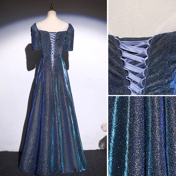 Scintillantes Océan Bleu Glitter Robe De Bal 2021 Princesse Encolure Carrée Manches Courtes Dos Nu Longue Promo Robe De Ceremonie