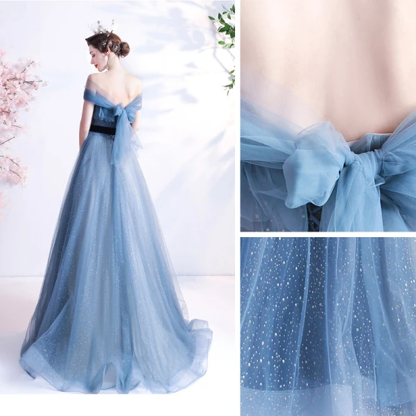 Chic / Beautiful Pool Blue Glitter Prom Dresses 2021 A-Line / Princess Off-The-Shoulder Short Sleeve Backless Bow Floor-Length / Long Prom Formal Dresses
