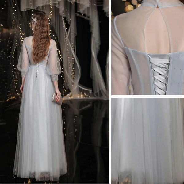 Elegant Grey Beading Evening Dresses Prom Dresses 2021 A-Line / Princess High Neck Appliques Lace Flower Pearl 3/4 Sleeve Backless Floor-Length / Long Prom Formal Dresses
