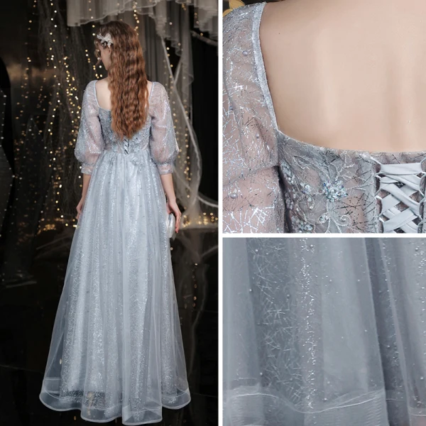 Glitzernden Silber Perlenstickerei Pailletten Strass Abendkleider Ballkleider 2021 A Linie Eckiger Ausschnitt Spitze Blumen 3/4 Ärmel Rückenfreies Lange Abend Ball Festliche Kleider